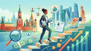 Современная иллюстрация процесса поиска работы в Москве с символами карьеры и городского ритма