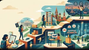 Современная иллюстрация с достопримечательностями Москвы и элементами планирования для статьи о переезде в город